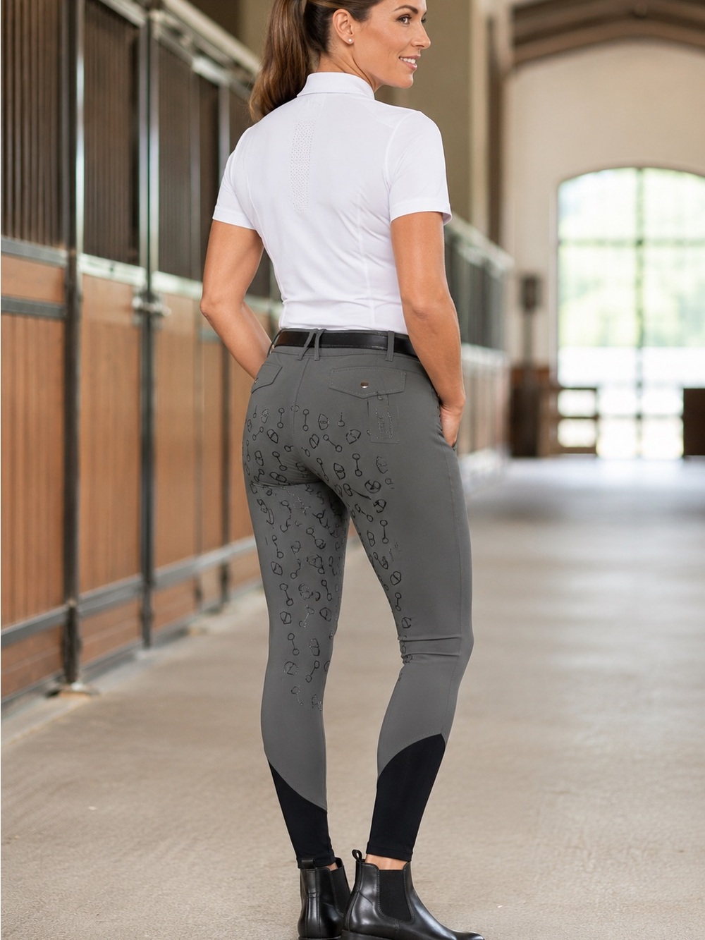 NWT Horze Equestrian Full Seat Silicone Riding Breeches Gray Black Women’s 28